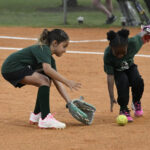 Two young girls in green shirts and black pants attempt to field a softball on a dirt field during a game.
