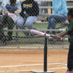 A young child in a green shirt playing tee-ball swings a pink bat at a baseball on a tee, with spectators sitting behind a chain-link fence.