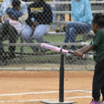 A young child playing tee-ball, swinging a pink bat at a ball on a tee, with spectators sitting behind a chain-link fence.