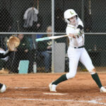 A softball player in white uniform swings at a pitch while the catcher crouches behind home plate, with spectators visible in the background.
