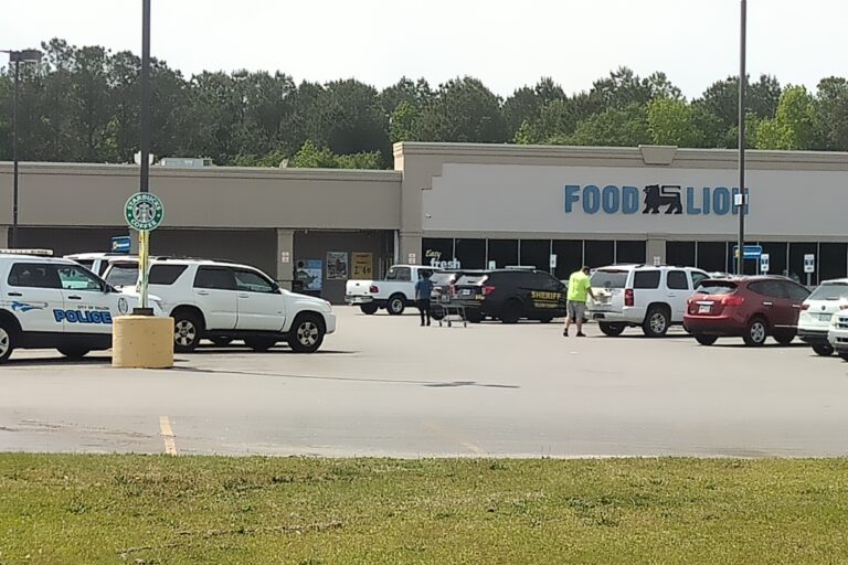 Several cars parked outside a grocery store, with people walking in the parking lot on a clear day.