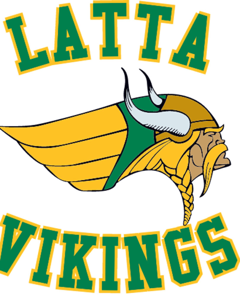 Latta Vikings logo featuring a Viking head in profile with horned helmet, yellow and green colors, and text above and below.