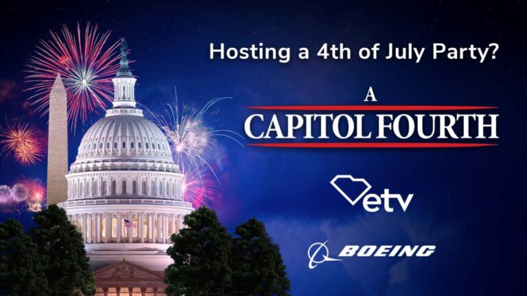 U.S. Capitol building at night with fireworks, text promoting "A Capitol Fourth" 4th of July event, and logos for Vet TV and Boeing.