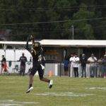 A football player in a black uniform jumps to catch a pass on a grassy field, with spectators watching in the background.