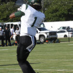 Football player in white and green uniform mid-throw on a grassy field, with vehicles and spectators visible in the background.