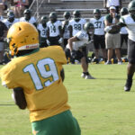 Football player in a yellow jersey with number 19 on the field, with other players and spectators in the background.
