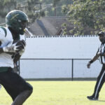 A football player in a green helmet runs with the ball on a field while a referee watches nearby.