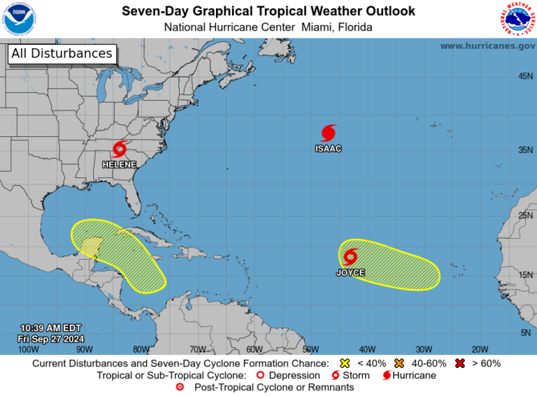 Map showing tropical weather outlook, two disturbance areas in the Atlantic and Caribbean, and two cyclones named with red hurricane symbols. Color-coded legend indicates cyclone formation chances.