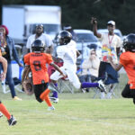 Children playing a youth football game on a grassy field while spectators watch from the sidelines in the background.