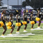 Cheerleaders in black and yellow uniforms perform a routine with yellow pom-poms on a football field during a game.