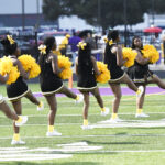 A group of cheerleaders in black and yellow uniforms perform a synchronized routine with yellow pom-poms on a sports field.