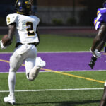 Two football players running on a field, one in a white uniform carrying the ball, pursued by another in a purple uniform near the end zone.