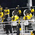 A marching band in yellow uniforms performing in stadium bleachers at night, some members playing drums and other instruments.