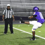 A football player in a purple uniform punts the ball on a field while a referee in black and white stripes watches.