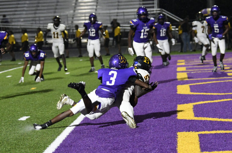 Football player in white dives into the end zone for a touchdown as a defender in purple attempts to tackle him, with other players watching in the background.