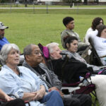A group of people sitting outdoors on portable chairs, attentively watching something off-camera, with grass and a fence in the background.