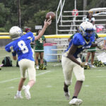 Two youth football players in blue and white uniforms during a game, one throwing a pass, with cheerleaders and spectators in the background on a grassy field.