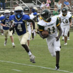 A football player in a white uniform runs with the ball as a player in a blue uniform chases him on a grassy field.