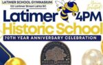 Flyer for Latimer School's 70th anniversary celebration on November 16, 2024, at 4PM, featuring gold balloons, a plaque, and a bee mascot.