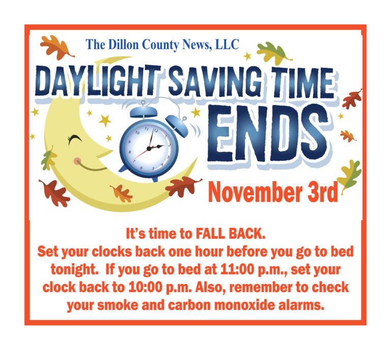 Daylight Saving Time ends November 3rd, reminder to set clocks back one hour and check smoke and carbon monoxide alarms, with a clock and moon illustration.