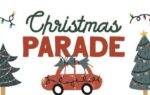Drawing of a car carrying Christmas trees, decorated with string lights. The words "Christmas Parade" are written above in festive lettering.