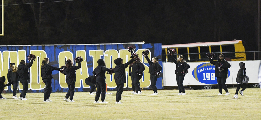 Cheerleaders dressed in black perform on a football field at night, with a large "GATORS" sign visible in the background.
