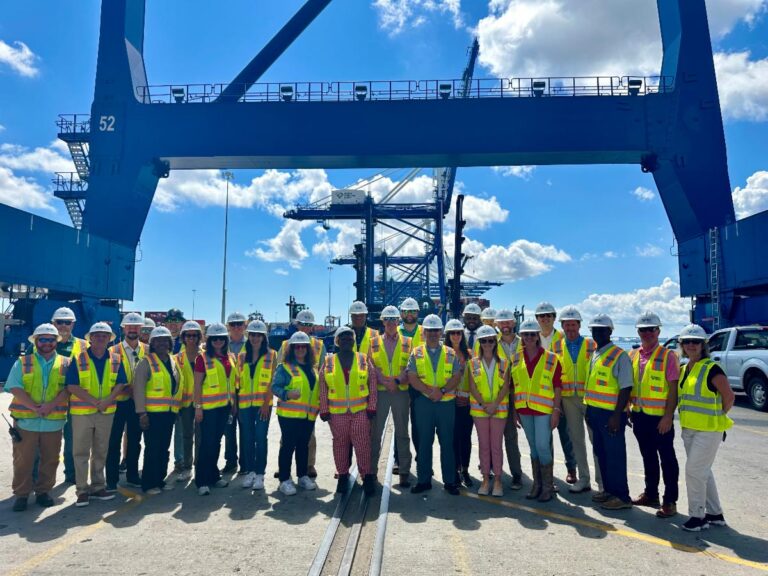 A group of people in safety vests and helmets stand together at an industrial port with cranes and blue sky in the background.
