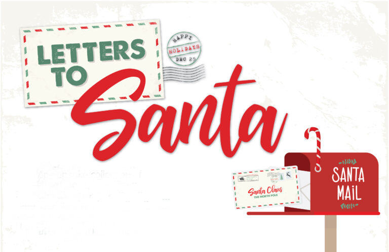 Letters to Santa illustration with festive envelopes, candy cane, and a postage stamp reading “North Pole Air Mail.”