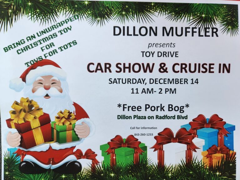 Flyer for Dillon Muffler Toy Drive Car Show & Cruise with Santa, gifts, event details, and note about free pork bog on December 14, 11 AM–2 PM.