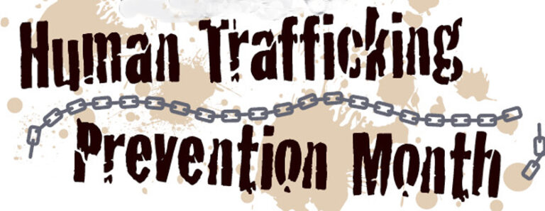 Text reads "Trafficking Prevention" with a chain graphic, grunge texture, and tan splashes in the background.