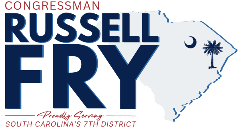 Logo with large text "RUSSELL FRY" over an outline of Texas, and smaller text referencing "Congressman" and "South Carolina’s 7th District."