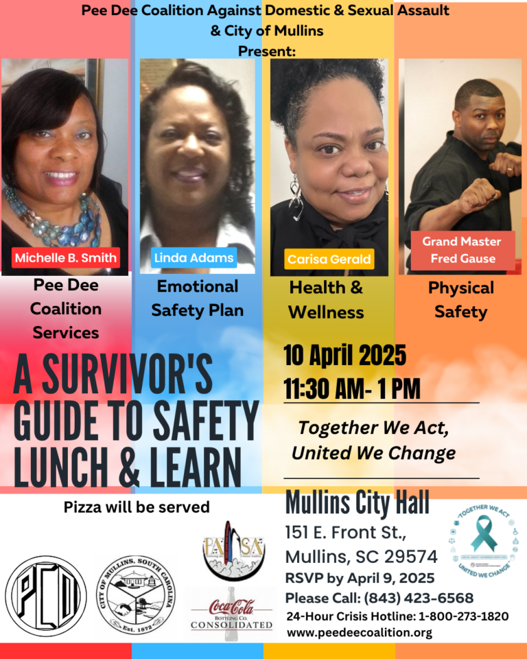 Flyer for "A Survivor's Guide to Safety Lunch & Learn" event with speaker photos, date, time, location at Mullins City Hall, and safety topics. Lunch will be served.