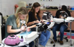 Three women sitting at desks, practicing manicures with nail tools and practice hands in a beauty or nail technician classroom setting.