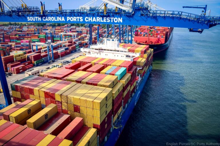 Cargo ships loaded with colorful shipping containers at a busy port in Charleston, with a large crane labeled "SOUTH CAROLINA PORTS CHARLESTON" overhead.