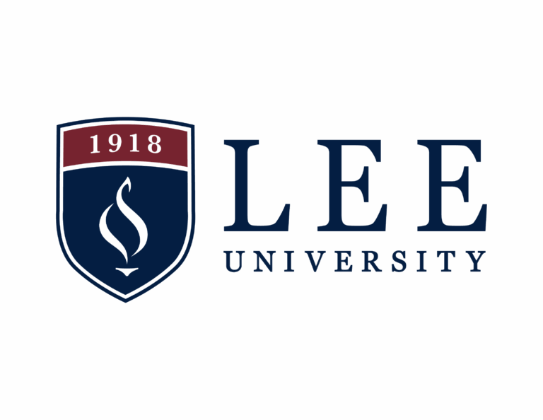 Lee University logo with a shield on the left and the words "Lee University" in blue text on a dark background.