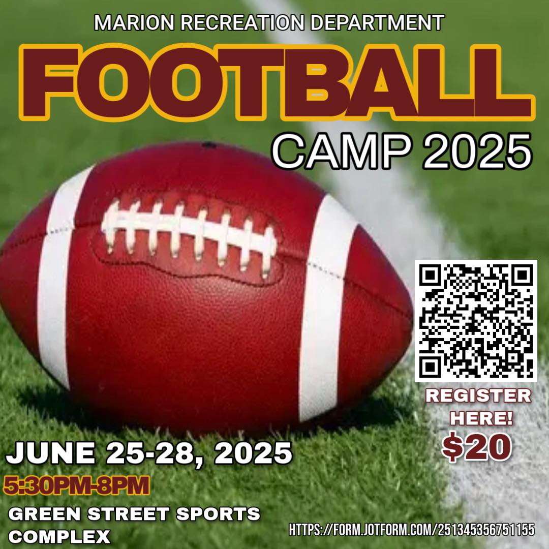 Football camp 2025 flyer shows football on grass, event dates June 25-28, 2025, location Green Street Sports Complex, registration QR code, and $20 fee.