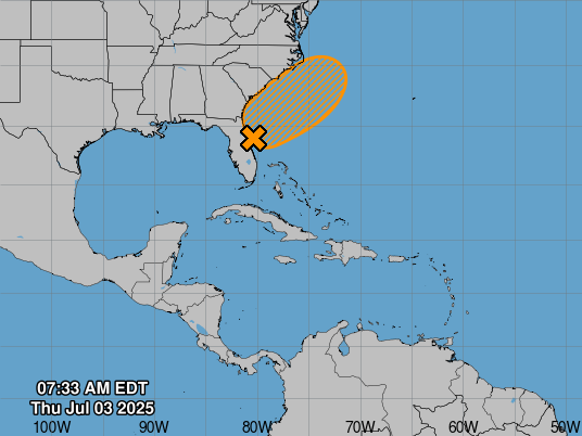 Weather map showing a highlighted area over the southeastern United States and Atlantic, indicating a potential storm system development near Florida and Georgia.