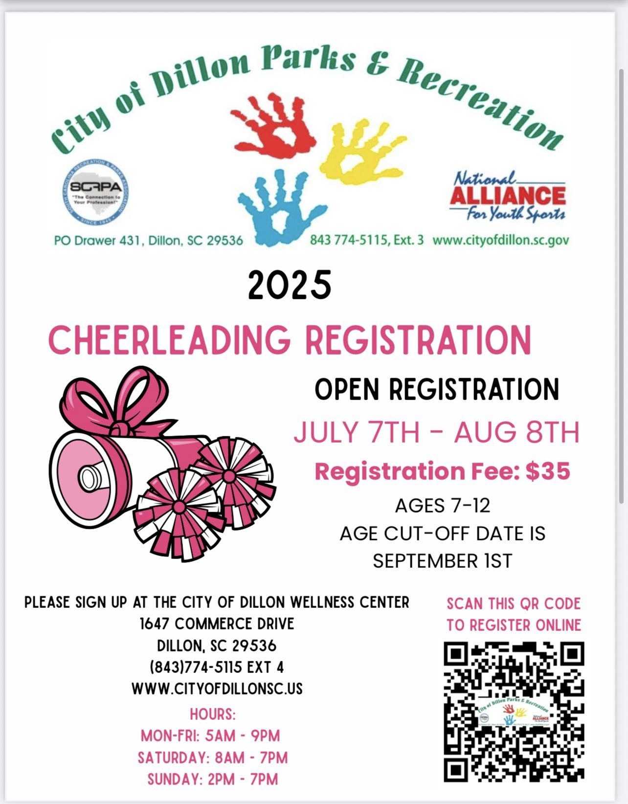 2025 cheerleading registration flyer, open July 7th-August 8th for ages 3-12. $35 fee. Sign up at Dublin Recreation Center. Information and colorful graphic elements shown.