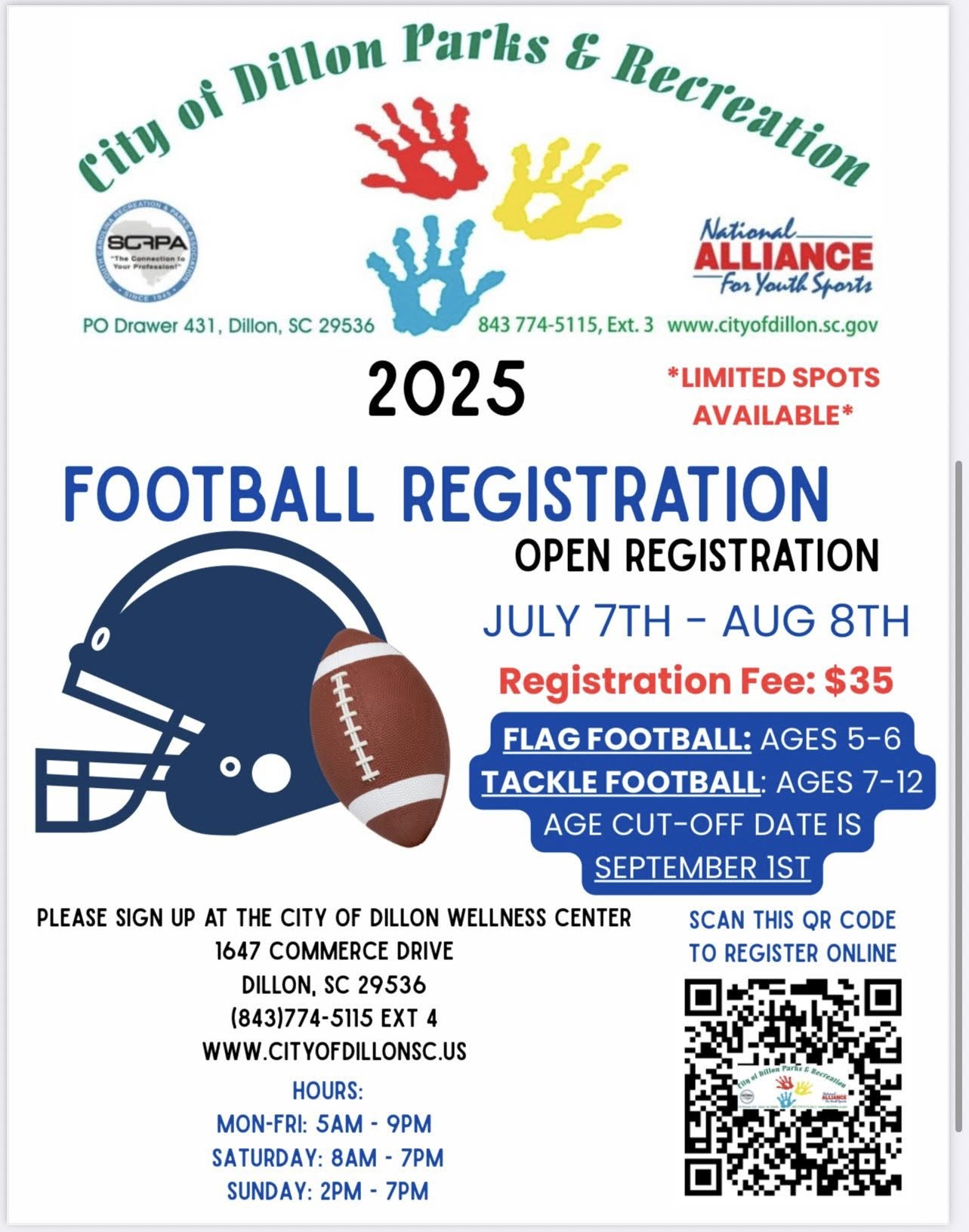 2025 football registration flyer showing dates, fees, and age groups. Includes a football helmet graphic, contact information, and a QR code for more details and registration.
