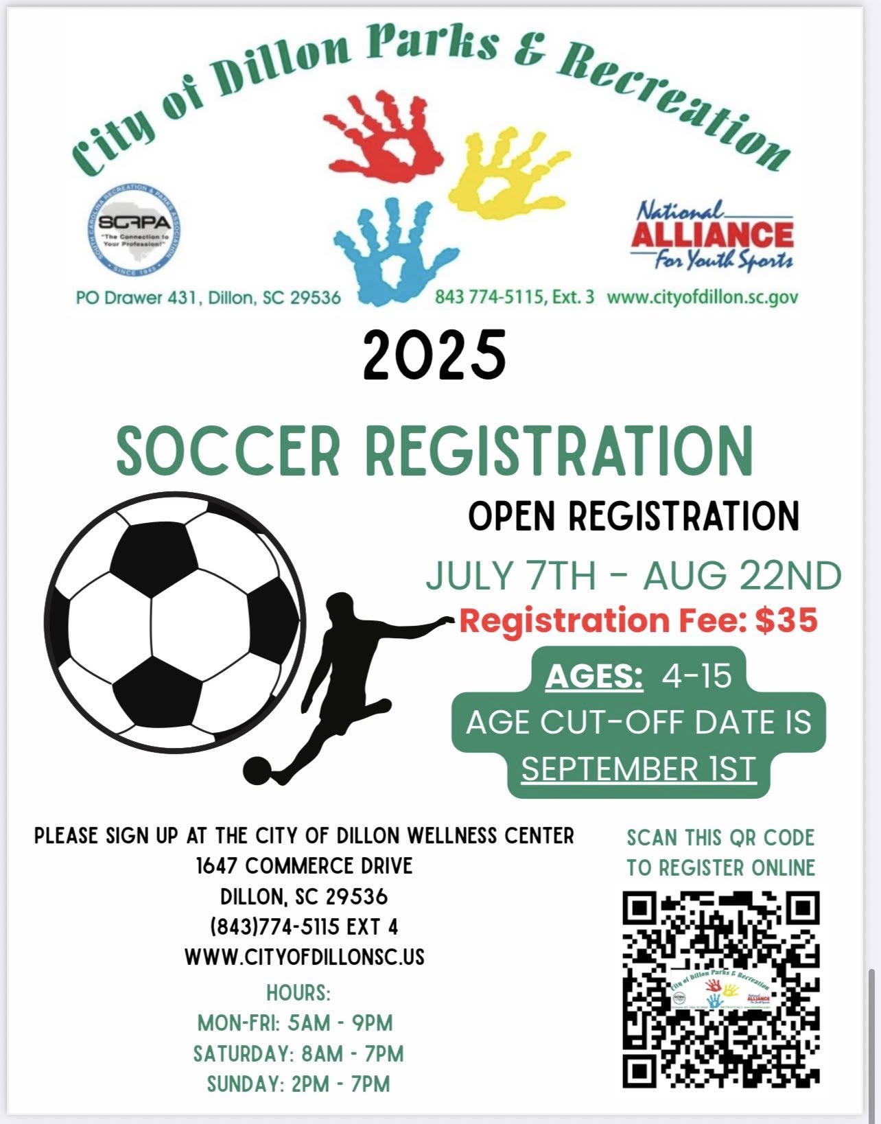 2025 soccer registration flyer, open July 7th to August 22nd for ages 4-19, $35 fee, registration deadline September 21st, with contact info and QR code.