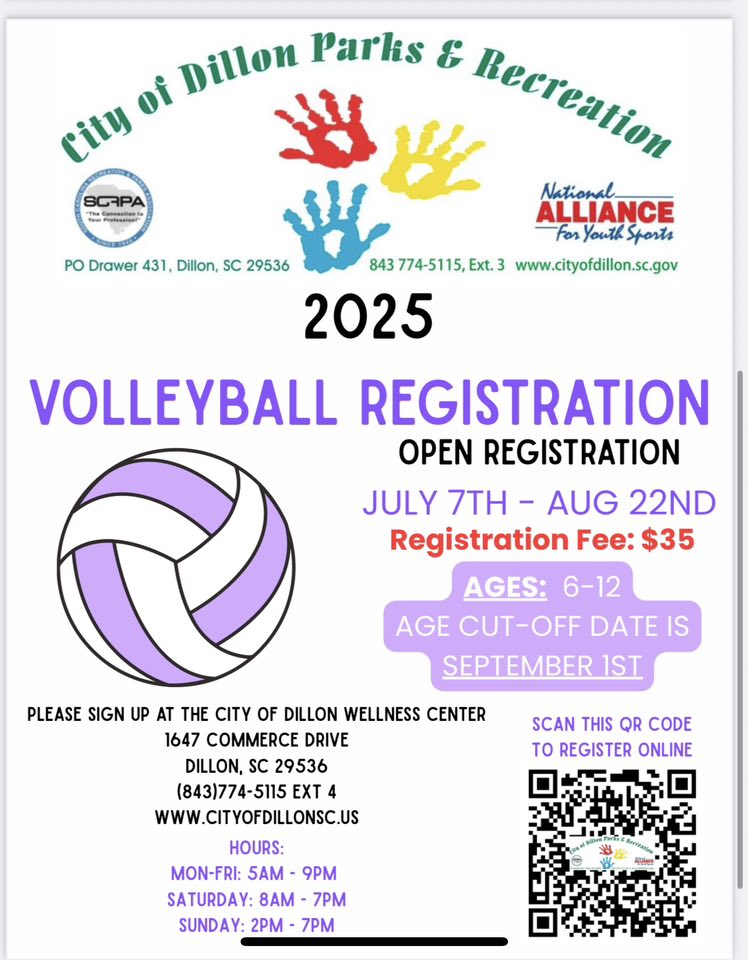 2025 volleyball registration flyer, details registration dates, fee, age group, location, and includes a purple volleyball graphic with colorful handprints and a QR code for more information.