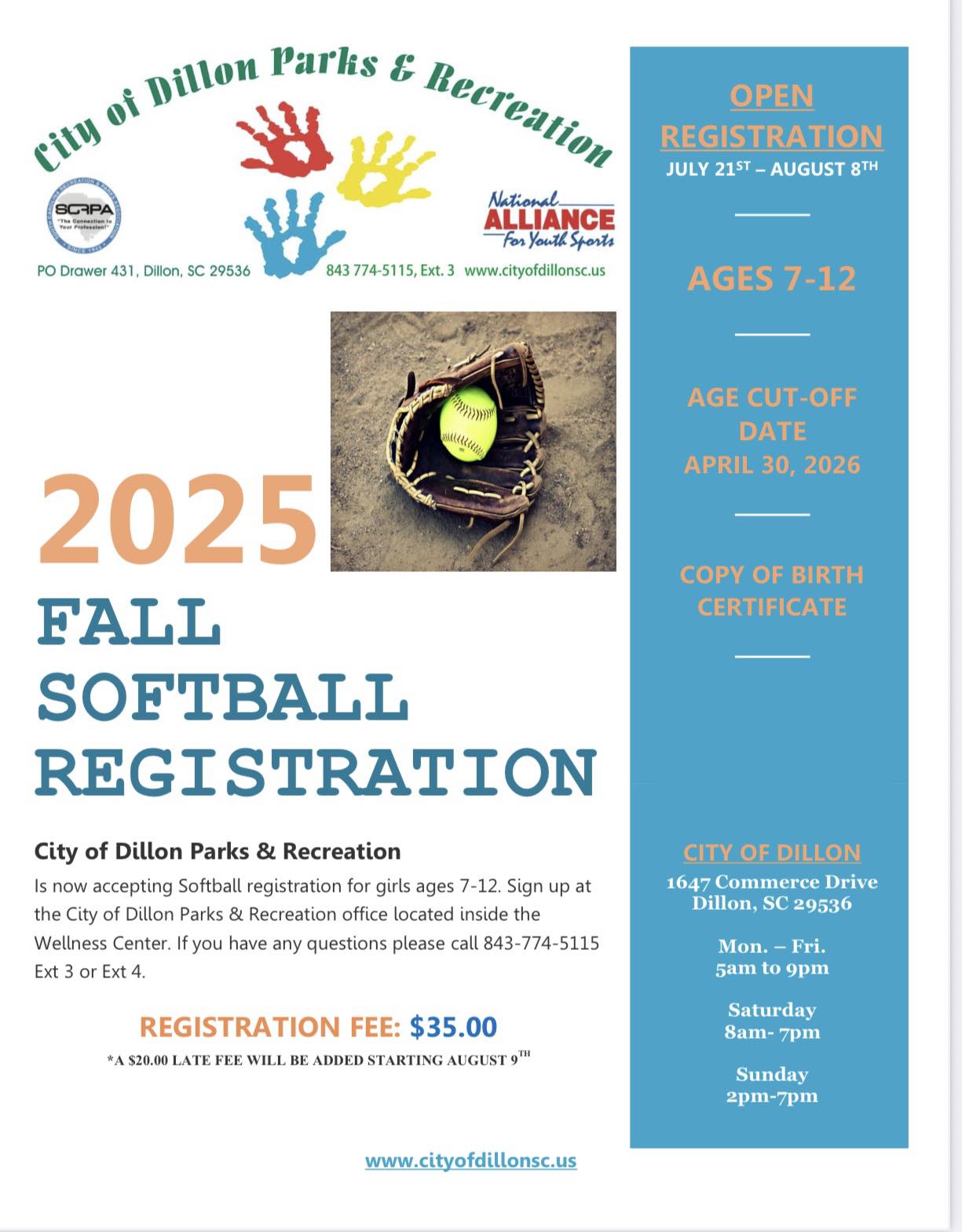 2025 Fall Softball Registration flyer with a softball in a glove, details about registration fee, age group, and contact information for the City of Gilber Parks & Recreation.