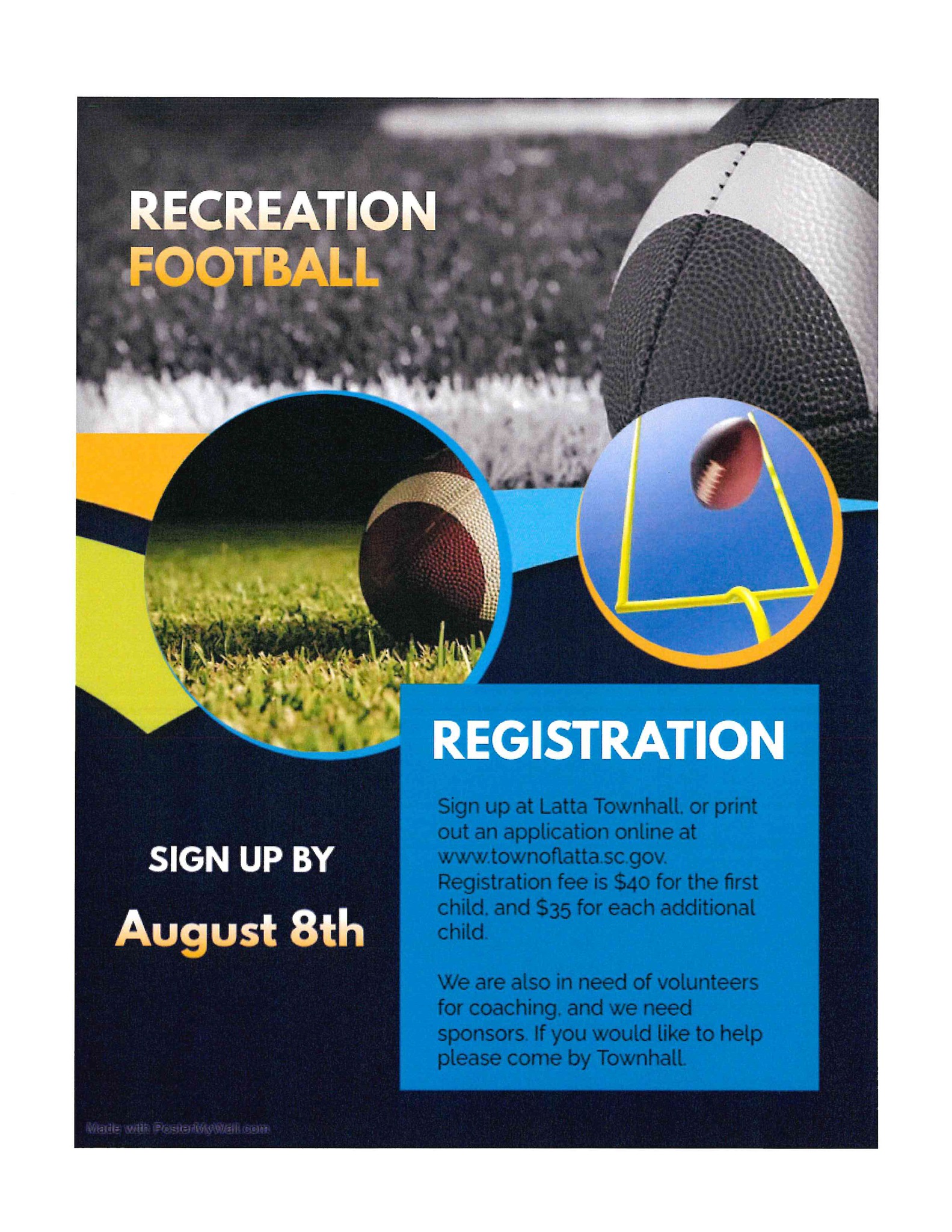 Recreation football registration flyer with images of a football and goalpost, sign up deadline August 8th, and registration information in blue and yellow sections.