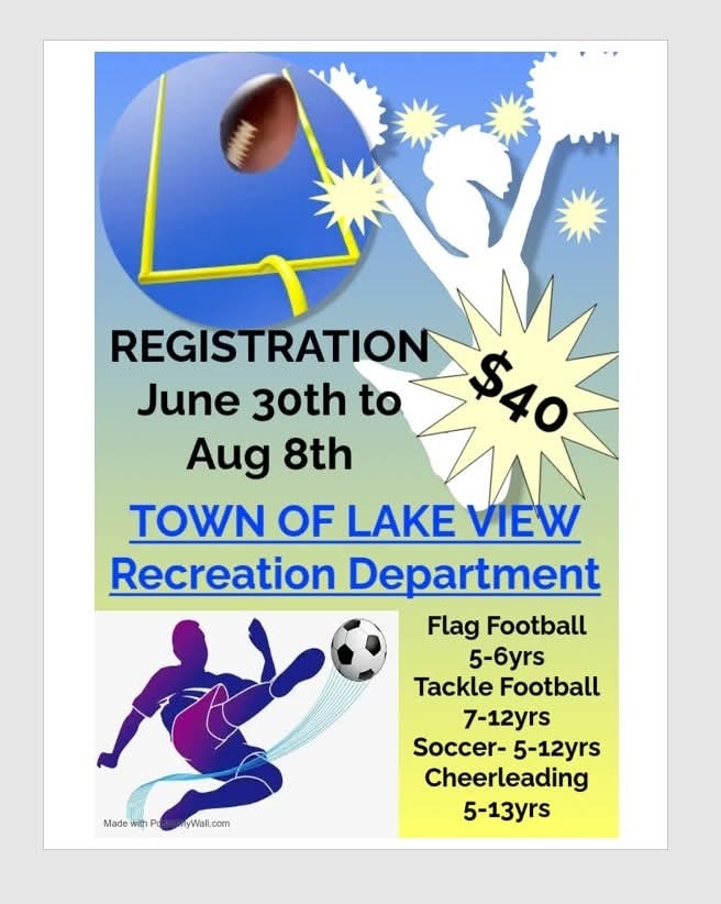 Sports registration flyer for Town of Lake View Recreation Department, June 30 to August 8, $40, offering football, soccer, and cheerleading for ages 5-12.