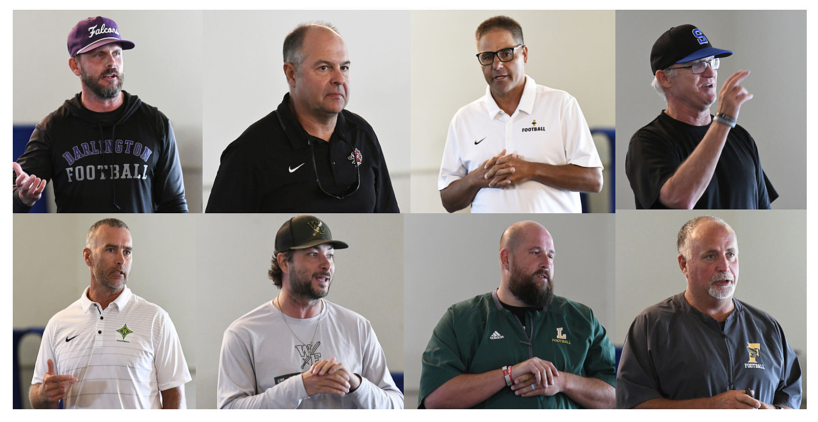 Four men, each wearing different shirts, are standing separately indoors and appear to be speaking or presenting.