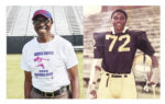 A man smiling in a sports t-shirt and cap stands on a field; next to him is a younger photo of him in a football uniform, number 72.