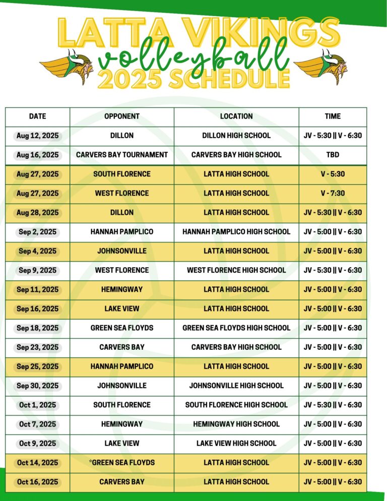 2023 volleyball schedule with dates, opponents, locations, and times listed in a table format. Includes home and away games, highlighted rows, and colorful text at the top.