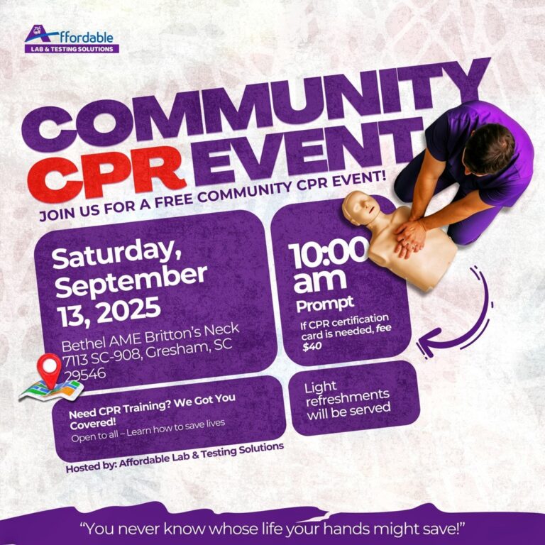 Community CPR event flyer with date, time, location, and image of person performing CPR on a dummy. Event is free and open to the public.