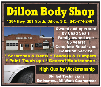 Dillon Body Shop advertisement with contact info, lists services like scratches, dents, fender, bumper repair and states family-owned, high-quality workmanship, and free estimates.