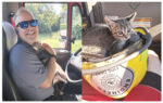 A smiling man holding a cat inside a vehicle; a close-up of a kitten sitting on a firefighter's helmet.